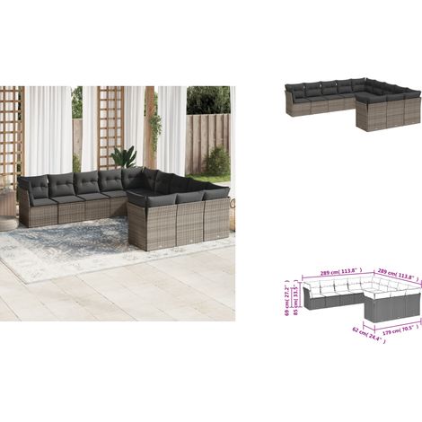 11-tlg. Garten-Sofagarnitur mit Kissen Grau Poly Rattan - Gartensofas - Outdoor Möbel - Lounge Set - Gartenlounge - Rattan Sofa (1/3)