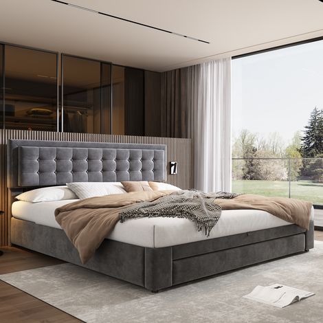 Cama doble 180x200cm con somier cajones y gran armario de terciopelo gris para dormitorio (Sin Colchón) (1/5)