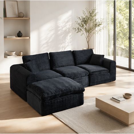 Divano angolare modulare 280 cm 3 in 1, a L o lineare, in schiuma e molle, velluto a coste nero (1/5)