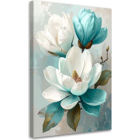 Tabelau sur Toile, Magnolias turquoise et blancs dans une composition fraîche,20x30 (1/4)