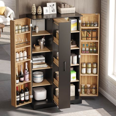 Meuble de rangement de cuisine avec porte-étagères à épices, armoire spacieuse à deux battants, tiroir vertical coulissant à 4 étages, étagères ajustables, style contemporain – 150 x 78 x 40 cm, teint