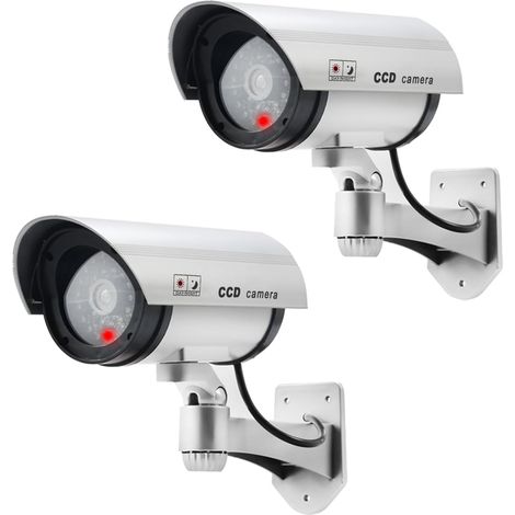 2-teiliges virtuelles Überwachungskamera-Set, Attrappe einer Sicherheitskamera, LED-Blitz für den Innen- und Außenbereich, Silber