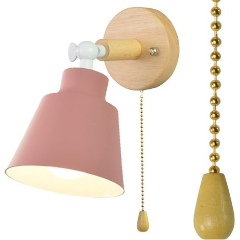 Interieur Applique Murale E27 avec Interrupteur Tirette Lampe Murale Minimaliste Base Bois Abat-Jour Aluminium Éclairage Mural 180° Regulable Industrielle Vintage Luminaire Mural pour Salon (Rosa) (1/5)