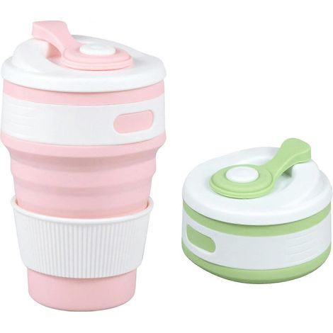 Gobelet isotherme pliable (lot de 2, 350 ml chacun) - Gobelet pliable réutilisable en silicone pour le camping et les voyages - Vert/Rose (1/5)