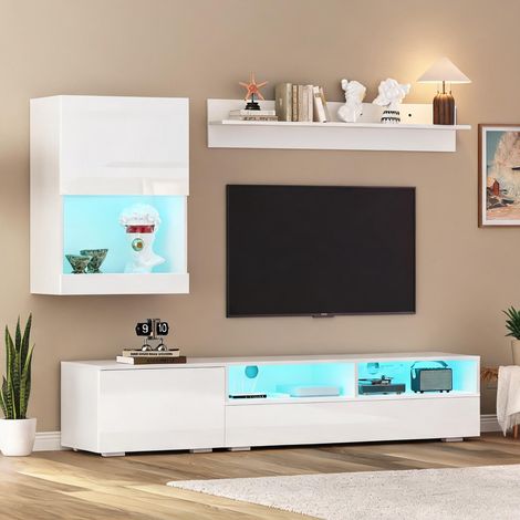 Meuble TV avec vitrine blanc 175 cm 3 pièces avec LED (1/5)