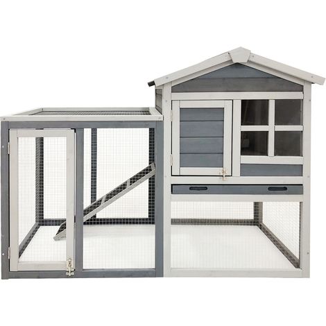 Wiltec Hasenstall grau-weiß 1220 x 630 x 920 mm mit Freilaufgehege und erhöhtem Unterschlupf aus Holz, Kaninchenkäfig mit 2 Etagen, Kleintierstall