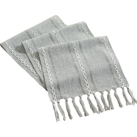 Chemin de table bohème à pompons 33x183 cm Gris Linge de table style campagne Décoration mariage anniversaire fête Lavable Polyester (1/4)