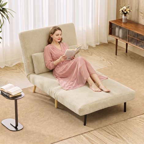 Sillón cama 3 en 1, sillón plegable de pana con función de cama, respaldo ajustable, cojín, color beige. (1/5)