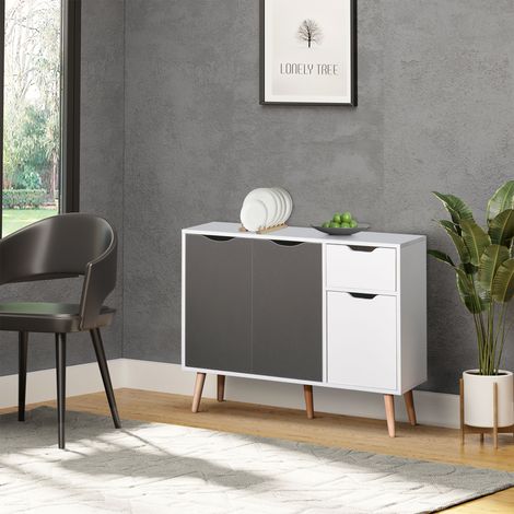 Buffet à 3 portes et tiroir pour salon, meuble d'appoint pour salon, cuisine, chambre, 90 x 30 x 72 cm, blanc et gris (1/5)