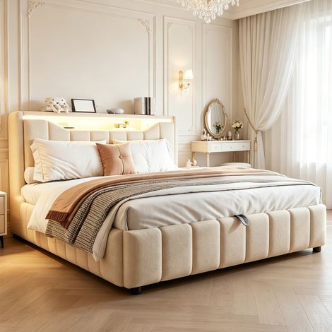 Lit coffre rembourré 140x200 cm – lit adulte gain de place avec coffre led et usb – tissu – beige (1/5)