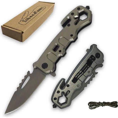 Couteau pliant Outdoor avec brise-vitre, décapsuleur, coupe-ceinture et 1M de corde