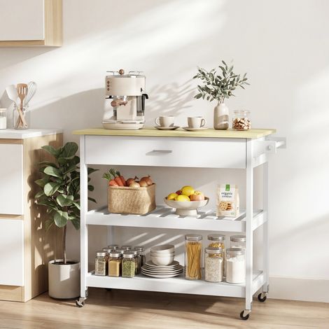 Chariot de cuisine avec rangement, îlot roulant à plan de travail spacieux, tiroir, 2 étagères ouvertes, porte-serviettes, blanc (1/5)