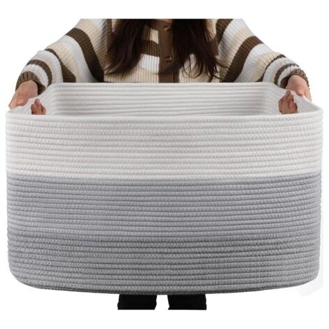 QORVA-Panier à couverture gris trois pièces 482823cm 1 panier rectangulaire en corde de coton tressé rangement puériculture avec poignée (1/5)