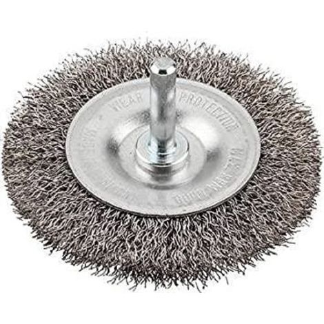 Brosse à disque fine, fil d'acier, Ø 75 mm pour métal et pierre, brosse métallique pour perceuse, y compris tige hexagonale E6.3, pour dérouiller, décalaminer, rendre rugueux et nettoyer (1/4)