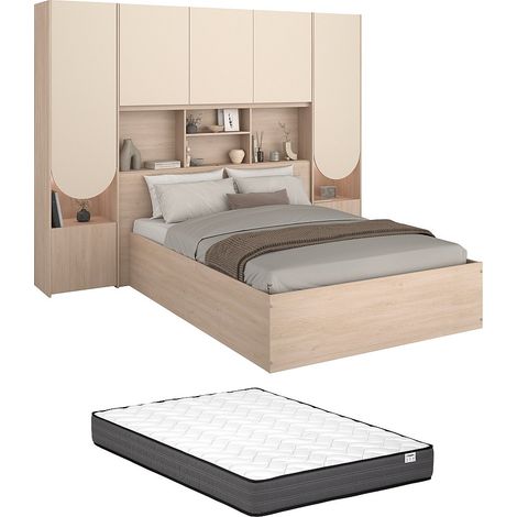 Lit coffre 140 x 190 cm avec pont de lit - Avec LEDs - Beige et naturel + Matelas - VELONA