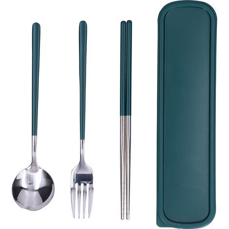 3-teiliges Edelstahl-Besteckset zum Malen, Essstäbchen, Löffel, Gabel, Küchen-/Büro-Set, grün und silber (1/5)