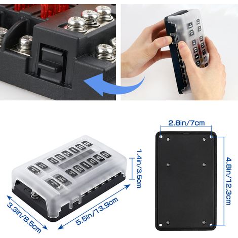 12-way car fuse box with positive and negative terminals, blade-type screw-type fuse holder, multi-way fuse box for vehicles and ships. (1/4)
