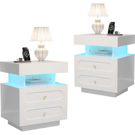 Table de chevet,meuble de chevet avec éclairage LED,commode de chevet avec 2 tiroirs,1 débarras ouverte,blanc,W100/D40/H60 cm