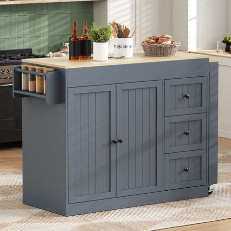 Îlot de cuisine 112-186.8x45x93 cm gris en MDF avec plateau extensible, roulettes, 3 tiroirs et étagère à épices (1/5)
