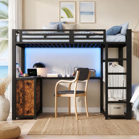 Cama alta metálica 140 x 200 cm negra con escritorio y espacio de almacenaje (1/5)