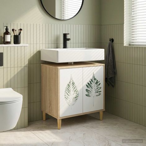 Meuble de salle de bain HANAU Sonoma en bois d'ingénierie avec pieds surélevés et étagère, 60 x 40 x 60 cm, rangement intérieur (1/5)