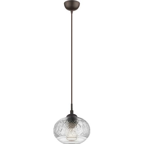 Merano Everett 18cm Dôme Suspension Plafonnier Verre Clair Base Métal Marron Tissu Marron Fil LED E14