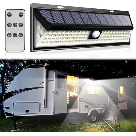 Lampe solaire pour camping-car - Détecteur de mouvement - 118 LED - Avec télécommande - Étanche - Pour les voyages en camping-car, les remorques de voyage (1/5)