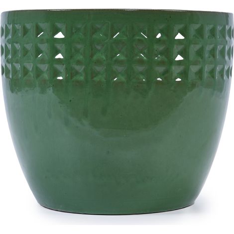 Set de 3 macetas de cerámica hechas a mano, verde brillante en rombos, con drenaje (1/5)