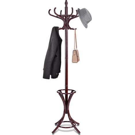 COSTWAY 184cm Garderobenständer mit Schirmständer & 12 Kleiderhaken, Kleiderständer aus Holz, Garderobe Standgarderobe braun (1/5)
