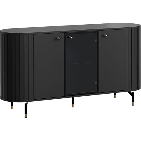 Aparador Novmono 102, Negro, 81x151cm, Número de puertas: 040cm, Vidrio templado, MDF, Aglomerado laminado