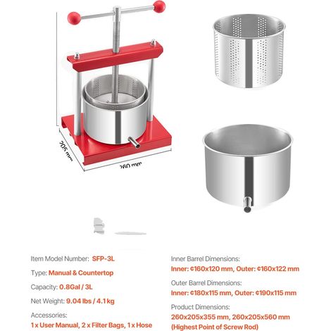 Prensa para vino de frutas, extracción eficiente del jugo, diseño fácil de usar, 3 litros. (1/2)