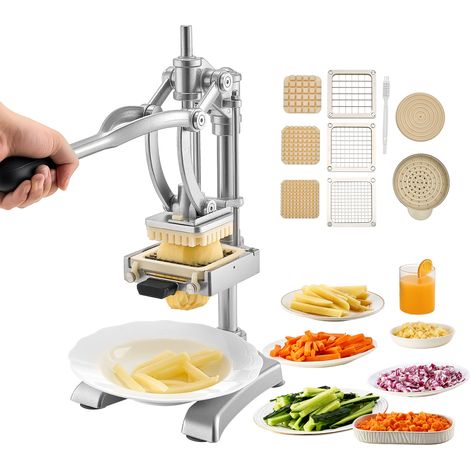 VEVOR Tagliapatate Commerciale, in Acciaio Inossidabile con 3 Lame di Ricambio,12,7/9,525/6,35 mm, una Lama per Spremitura Tagliapatate Manuale con Maestria per Ristoranti, Caffe, Bistrot (1/5)