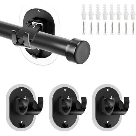 4 Pièces - Support Tringle Rideaux - Fixation Sans Percage - Installation Adhésive Ou À Vis Pour Rideaux Et Porte-Serviettes - Noir - Diamètre 3,5cm (1/5)