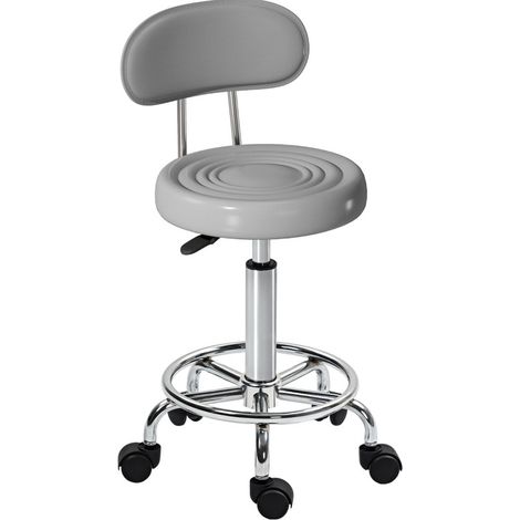 Tabouret à roulettes pivotant réglable avec dossier et repose-pieds, gris (1/4)