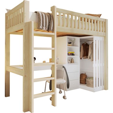 Cama alta juvenil 90x200 cm con escritorio, armario, 3 cajones, estantes abiertos, barandillas y escalera, en madera clara y MDF, para dormitorio infantil  CHICFURN (1/5)