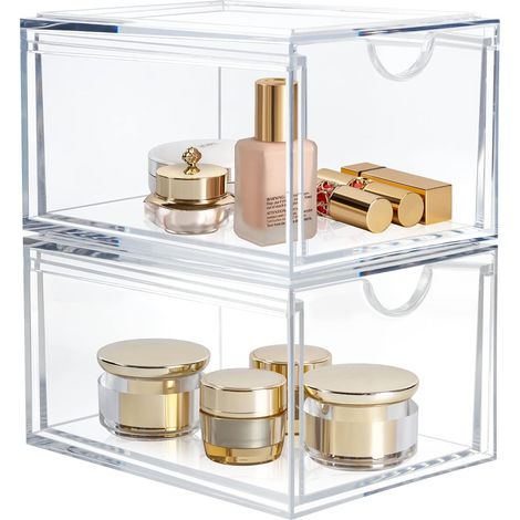 Tiroirs d'organisateur empilables, organisateur de maquillage clair acrylique, tiroir conteneur vanité pour cosmétiques, comptoir salle bain ou commode - ensemble 2 (1/5)