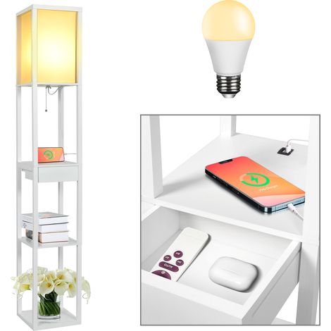 Puluomis Lampadaire à 3 niveaux avec 2 ports USB, lampadaire, lampadaire, éclairage intérieur E27 pour chambre, salon, étagère en bois, Blanc, 160 cm (1/5)