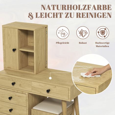 Coiffeuse contemporaine avec miroir escamotable, 5 tiroirs, meuble latéral et tabouret rembourré beige, aspect bois naturel, rangements intégrés. (1/5)