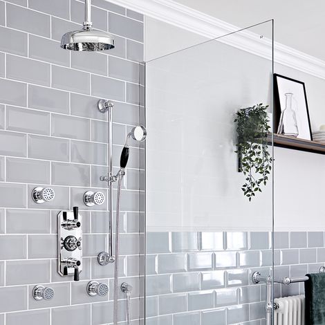 Hudson Reed Elizabeth - Kit de douche rétro - Mitigeur thermostatique à triple fonctions avec inverseur&44 Pommeau de douche pluie rond de 20 cm&44 Buses hydromassantes et Kit douchette sur rampe - Ch (1/5)
