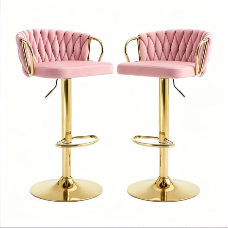 Set di 2 sgabelli da bar in velluto rosa con schienale, braccioli e altezza regolabile (1/5)