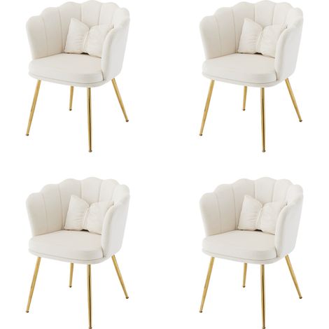 Set di 4 poltroncine in velluto beige con schienale a petalo e gambe in metallo dorato (1/5)
