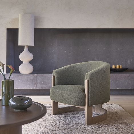 Fauteuil en chêne massif et tissu bouclette kaki