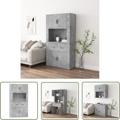 The Living Store Buffet haut Gris béton Bois d'ingénierie - Buffet Design Moderne - Buffet Gris - Buffet En Bois D'ingénierie - Rangement Mural - Buffet Haut (1/5)