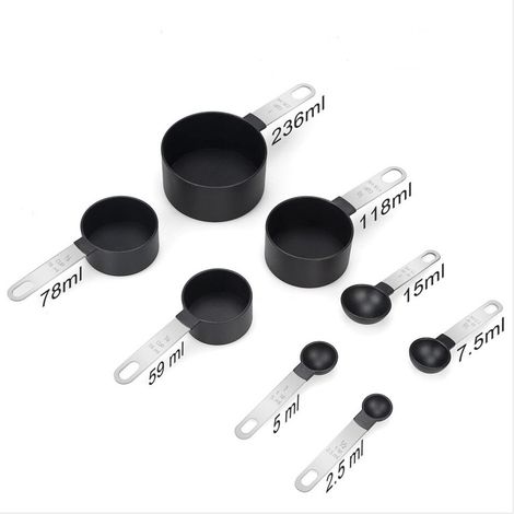 Ensemble de tasses et cuillères doseuses gigognes avec manche en acier inoxydable, pour mesurer les ingrédients secs et liquides. Petite cuillère à café avec embout en plastique noir. (1/4)