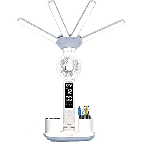 Lampe de bureau LED avec ventilateur, quatre têtes, pliable, réglable, horloge, date, température, variateur d'intensité, stylo (1/5)
