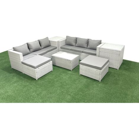 Fimous Garten Polyrattanmöbel Set 8-Sitzer Rattan Garten Sofa Set mit 2 hohen Hockern 2 Beistelltischen Hellgrau gemischt (1/5)