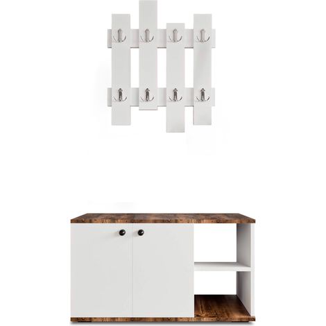 Armario Multiusos - Zapatero CATTERHOUSE Kavala Blanco-Marrón 90x32x53 cm con 2 Puertas, 2 Baldas (Ext./Int.) y Perchero