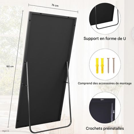 Koonmi Miroir sur pied pleine longueur, 180x76 cm, Corporel Robuste avec Cadre Aluminium, Miroir Mural Moderne à Poser ou Suspendre pour Salon, Chambre à Coucher, Design Minimaliste, Noir