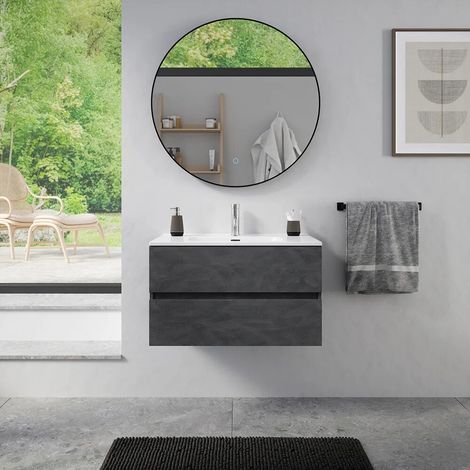 Meuble de salle de bain suspendu 60 cm effet béton foncé avec lavabo Yili (1/4)