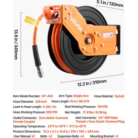VEVOR Retractable Air Hose Reel, 15m x 9.5mm Hybrid Air Hose Max 300PSI, Auto Rewind Air-Compressor Hoses Reel with 1m Lead in, 180° Swivel Ceiling/Wall Mount for Garage Workshops (1/4)